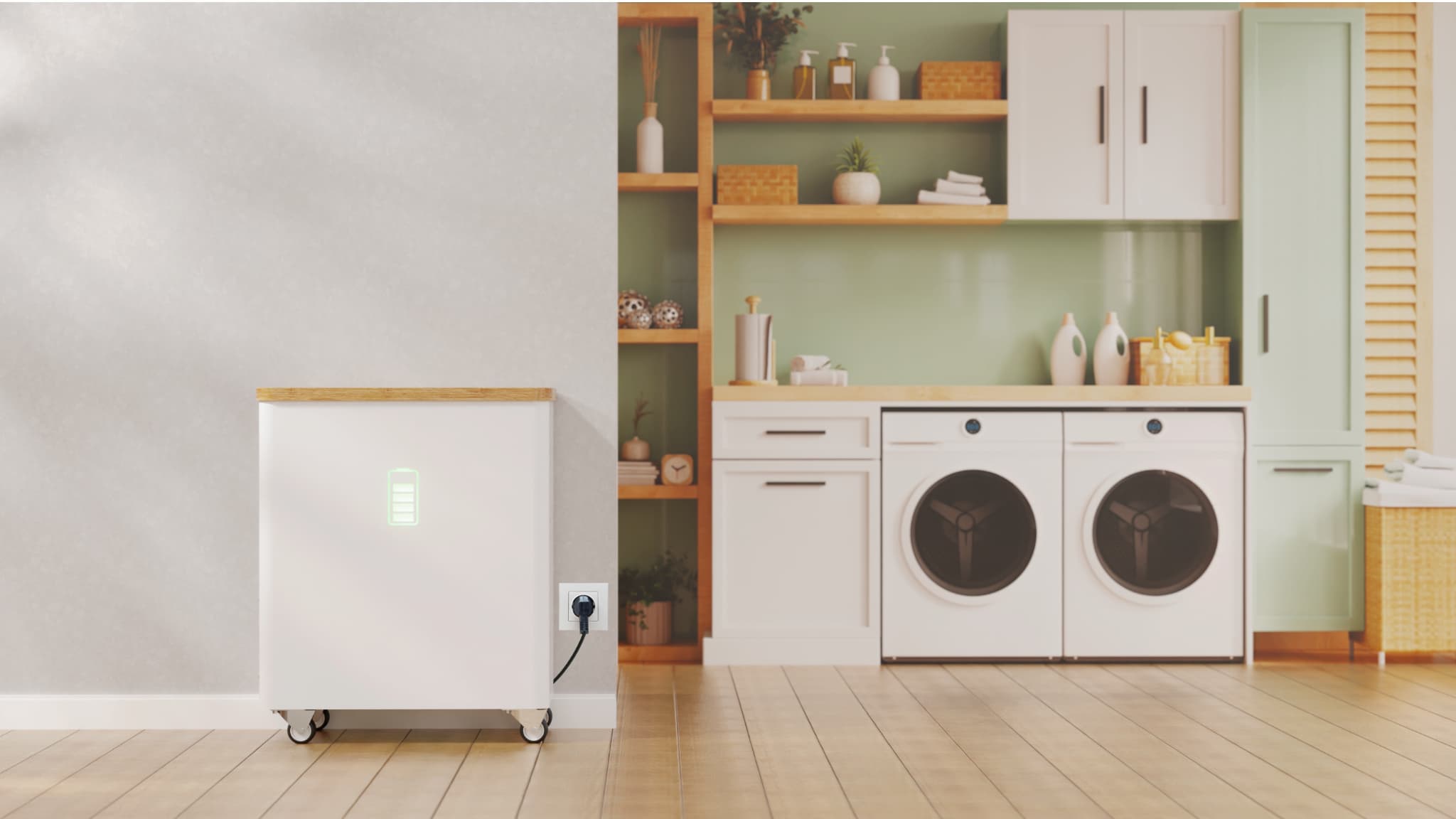 YOUL one Batterie im modernen Haushaltsraum, integriert in Smart Home Umgebung.