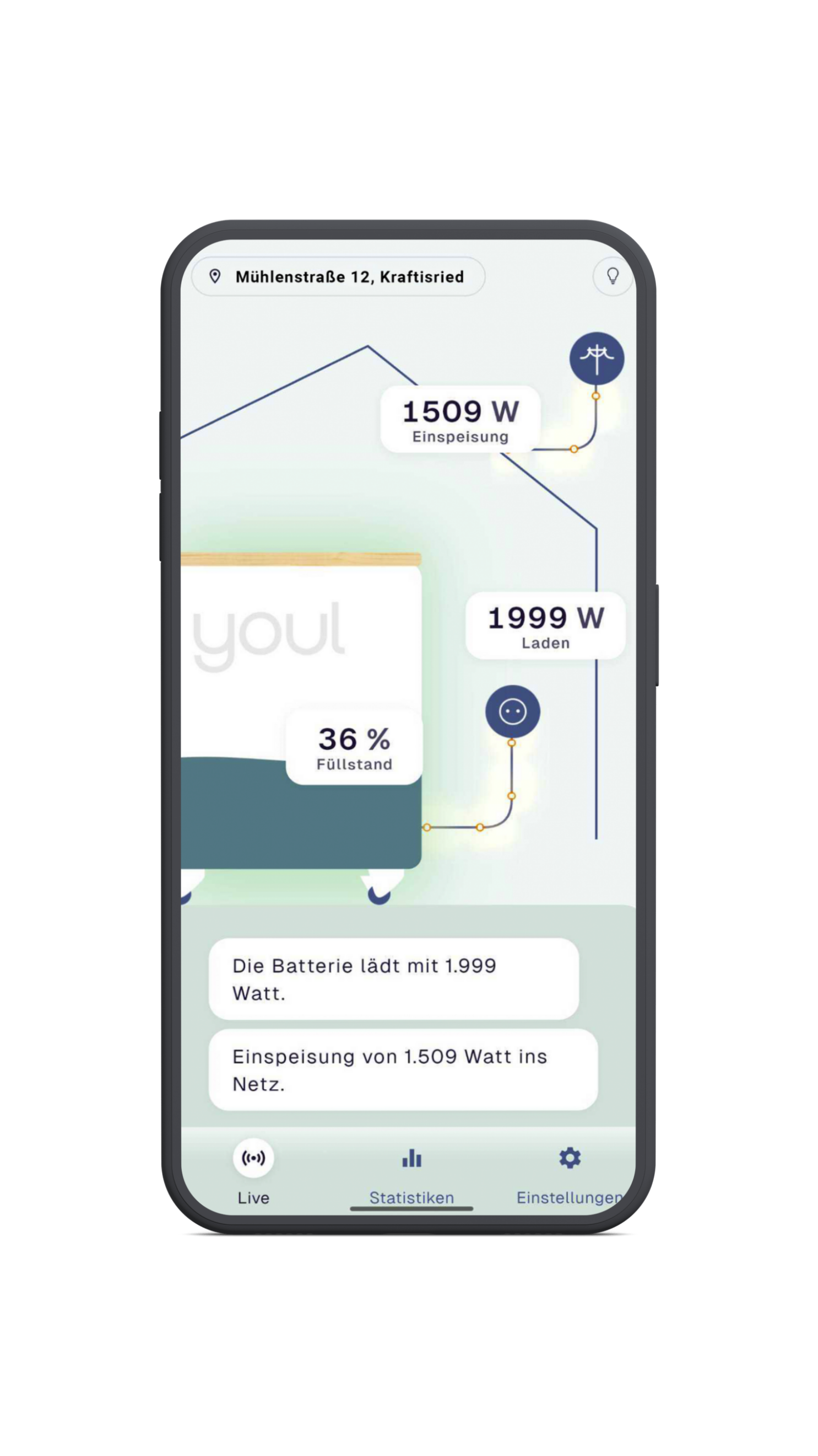 YOUL App Screenshot: Live Energiemonitoring, Ladestand und Einspeisung visualisiert.