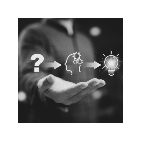 Symbolische Darstellung für die YOUL ONE Wissensdatenbank und den FAQ-Bereich: Eine Grafik zeigt den Prozess von einer Frage über den Denkprozess bis zur fertigen Lösung.