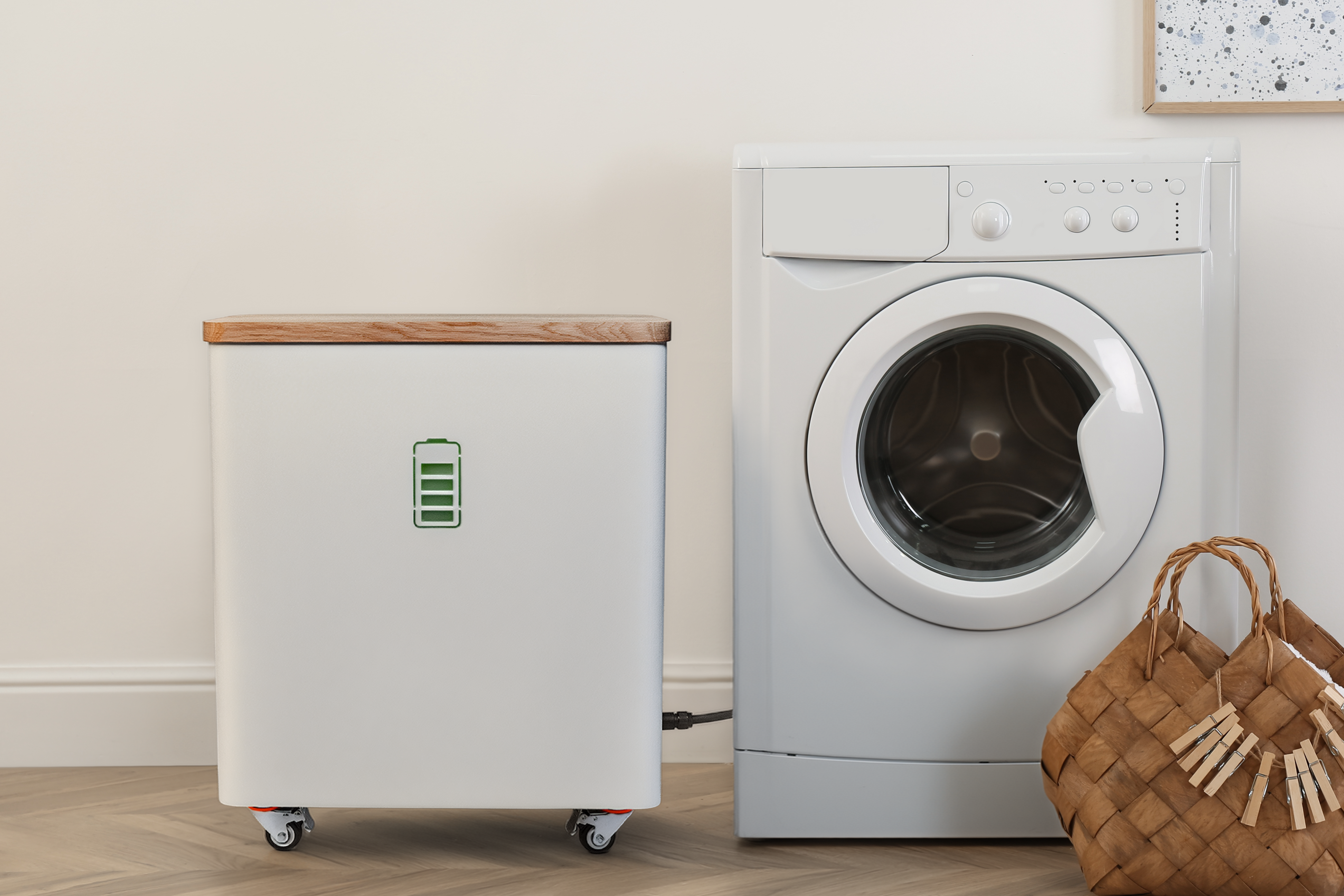 Der kompakte YOUL ONE Batteriespeicher im direkten Größenvergleich neben einer herkömmlichen Waschmaschine zur Veranschaulichung der platzsparenden Maße.